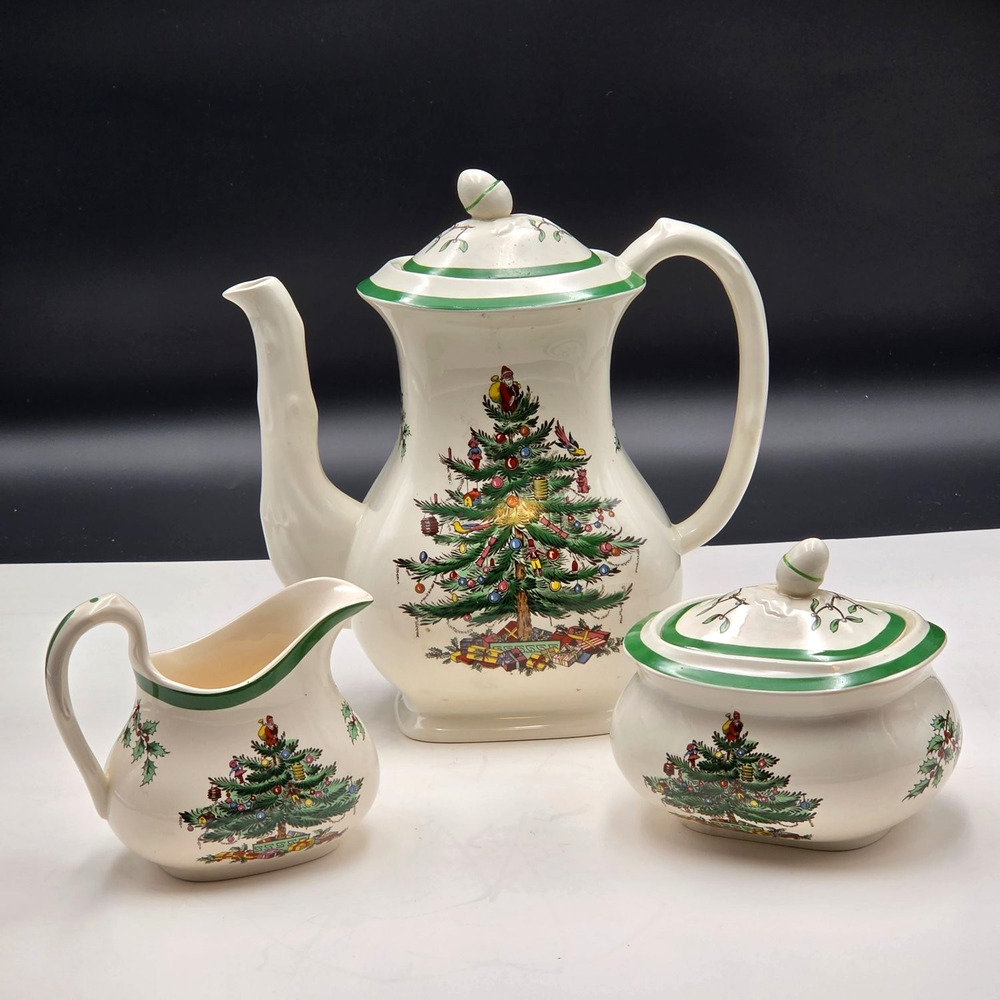 Spode Christmas Tree Coffee Pot Creamer Sugar Set Acorn Finial Lid S3324 England